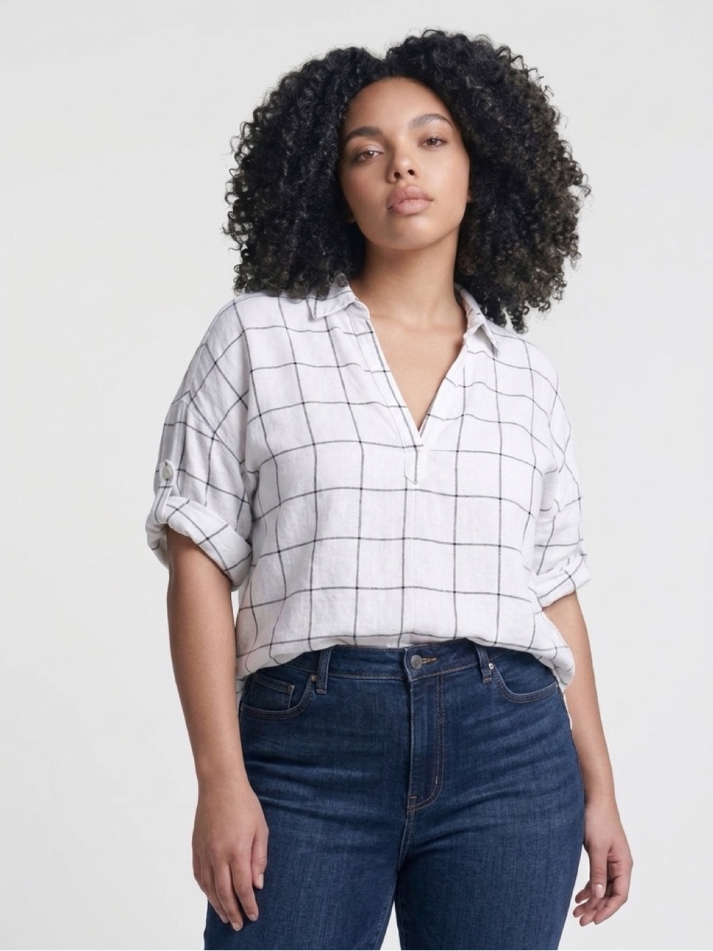 Tahari Black and White Grid Button Down Shirt 3XL PLUS